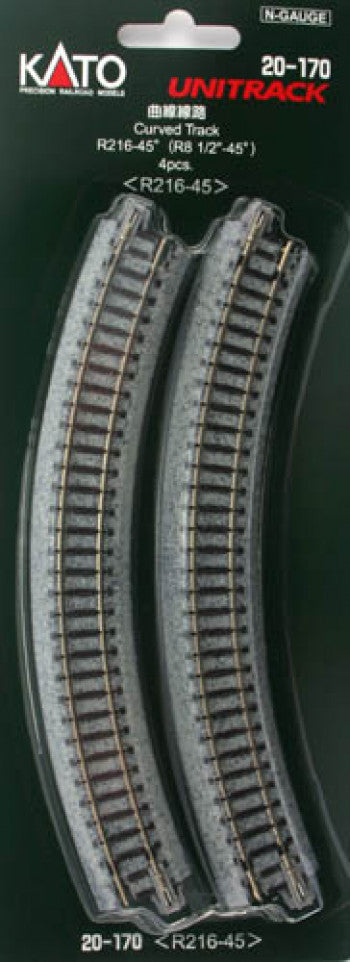 Kato Unitrack 20-170 (R216-45) - Curved Track R8 1/2"-45degrees (x4)